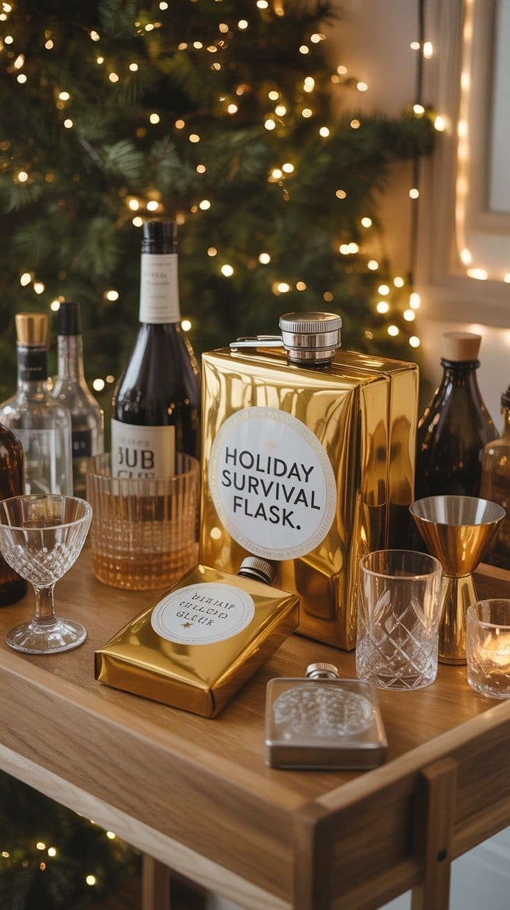 A festive bar cart is decorated with various bottles, glassware, and a large gold container labeled Holiday Survival Flask in front of a Christmas tree with twinkling lights.
