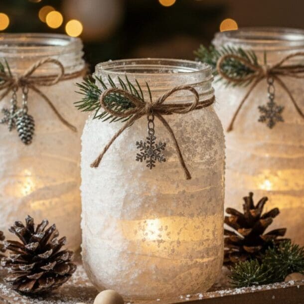 Three mason jars decorated with faux snow, twine, pine sprigs, and snowflake charms glow with candlelight. Pinecones and a steaming mug sit nearby, with blurred holiday lights in the background.