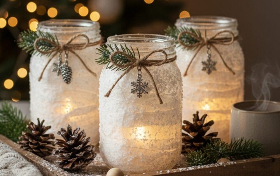 Three mason jars decorated with faux snow, twine, pine sprigs, and snowflake charms glow with candlelight. Pinecones and a steaming mug sit nearby, with blurred holiday lights in the background.