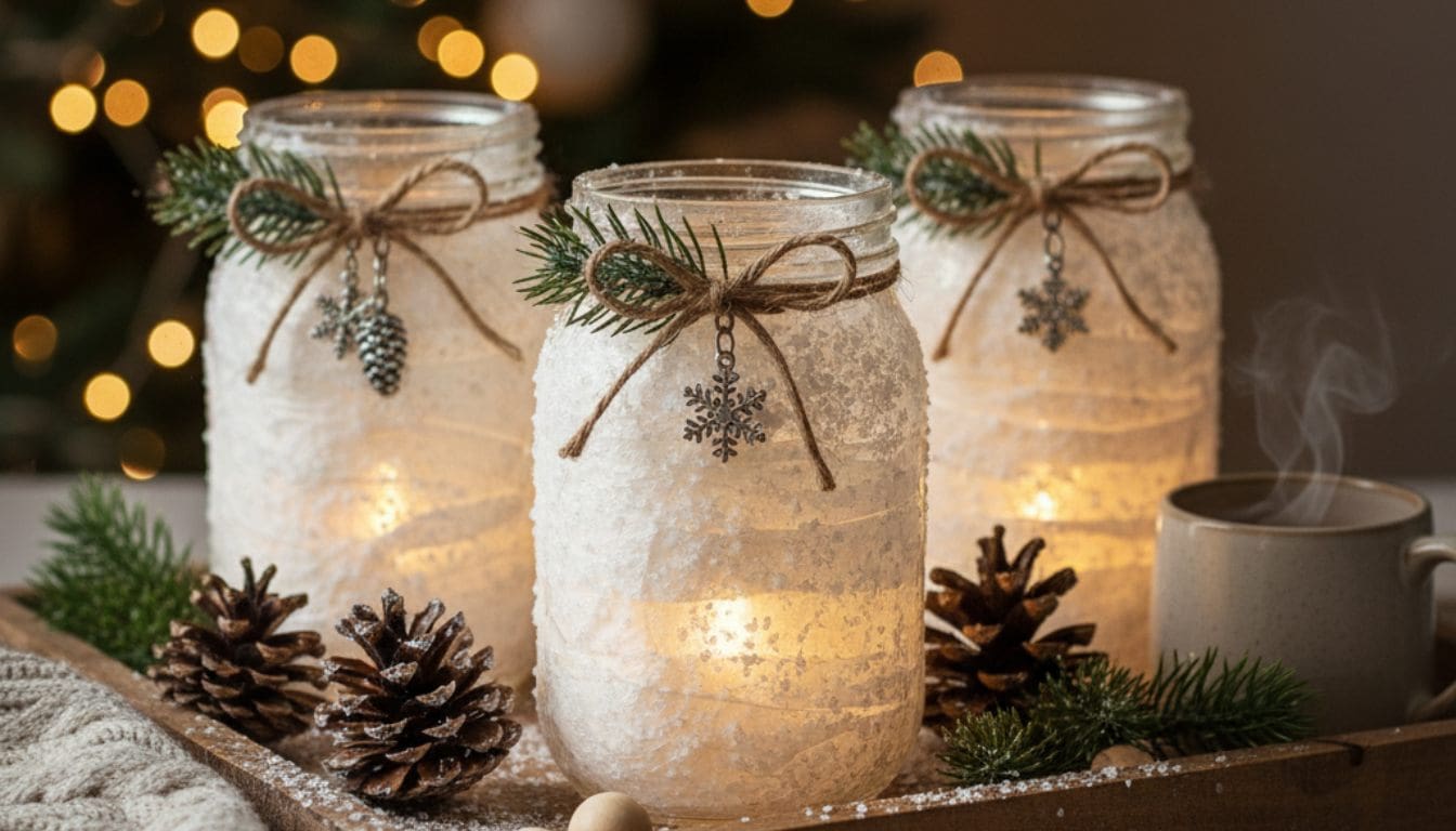 Three mason jars decorated with faux snow, twine, pine sprigs, and snowflake charms glow with candlelight. Pinecones and a steaming mug sit nearby, with blurred holiday lights in the background.