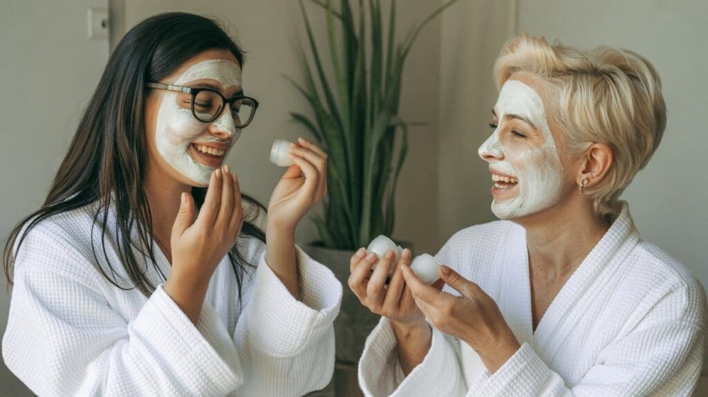 Two women in white bathrobes and facial masks smile as they apply cream from small jars, enjoying their diy face masks. One touches her cheek while a green potted plant sits in the background.