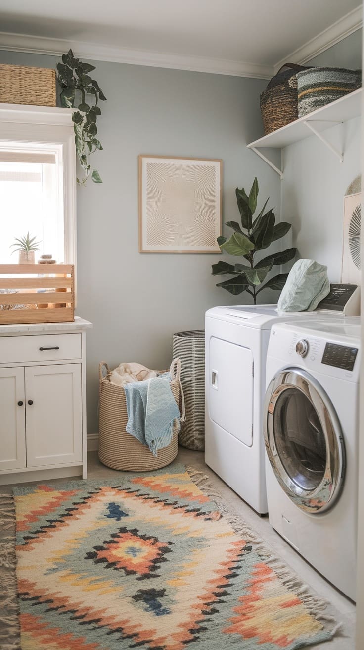 A cozy laundry room featuring a colorful boho rug, plants, and woven baskets.