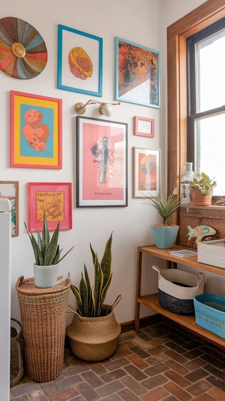 A colorful wall art display featuring various framed artwork and decorative plants in a bright laundry room.