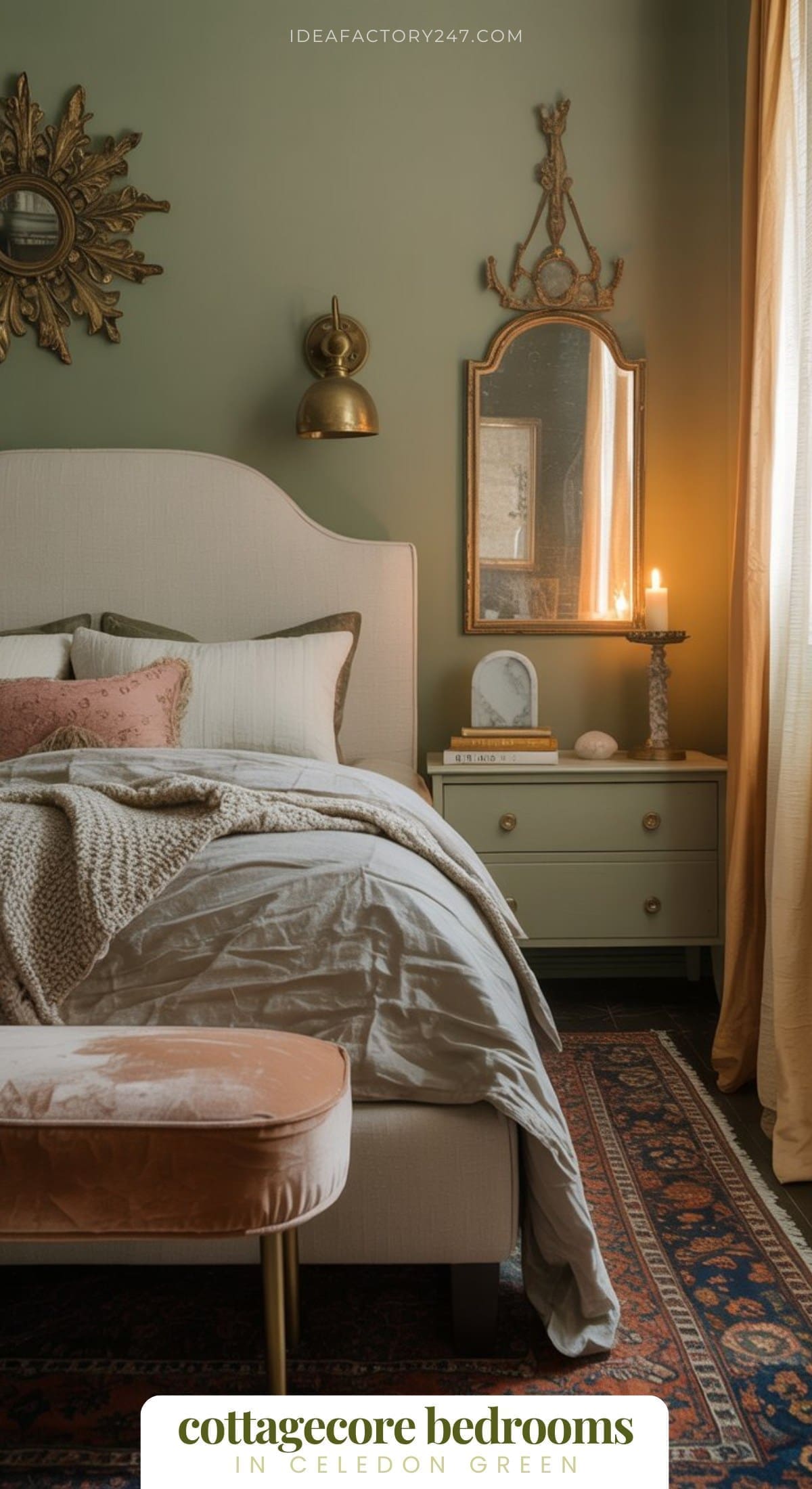 A cozy bedroom with sage green walls, vintage gold mirrors, a brass sconce, textured pillows and blankets, a green nightstand, a lit candle, and warm curtains. Text reads cottagecore green bedrooms in celadon green.