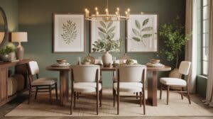 An earthy dining room featuring a wooden table set for six, white cushioned chairs, a gold chandelier, botanical wall art, and green plants. Soft natural light from a large window creates a cozy and inviting atmosphere.