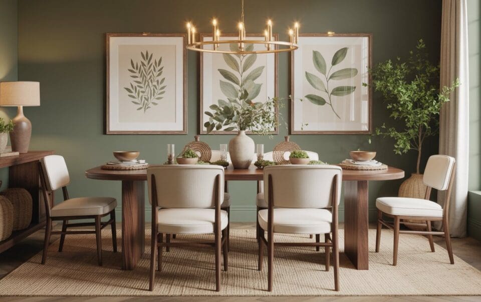 An earthy dining room featuring a wooden table set for six, white cushioned chairs, a gold chandelier, botanical wall art, and green plants. Soft natural light from a large window creates a cozy and inviting atmosphere.