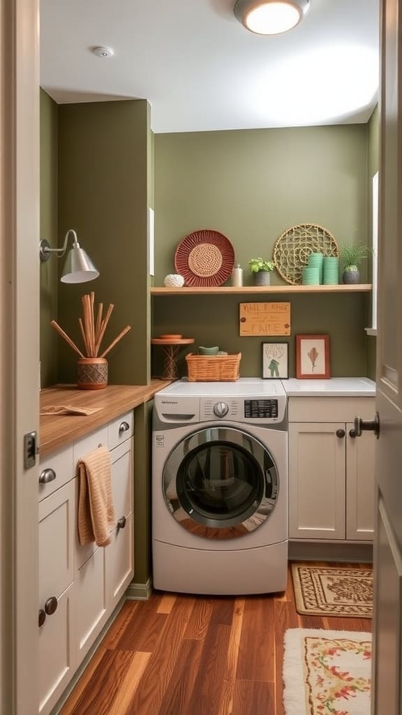 A cozy laundry room decorated with earthy colors, plants, and natural materials.