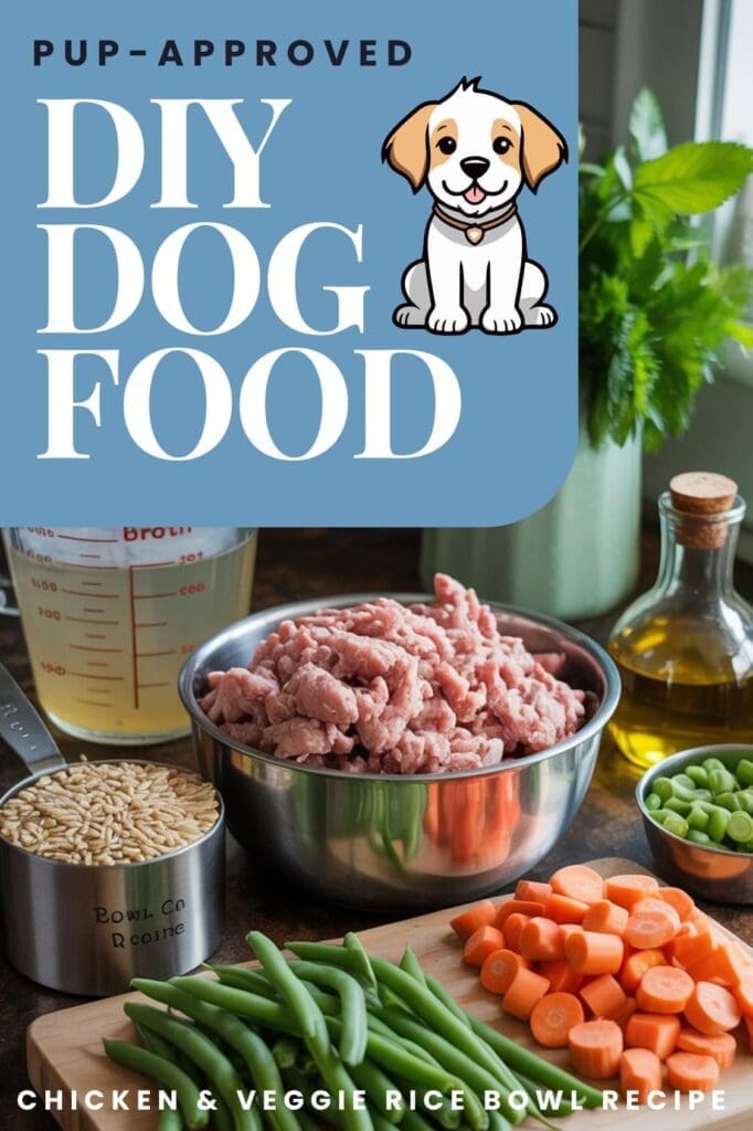 A kitchen counter with bowls of raw ground meat, dry rice, sliced carrots, green beans, peas, and a bottle of olive oil. Text reads: Pup-Approved DIY Dog Food: Healthy Homemade Dogfood Chicken & Veggie Rice Bowl Recipe. Cartoon dog at top.