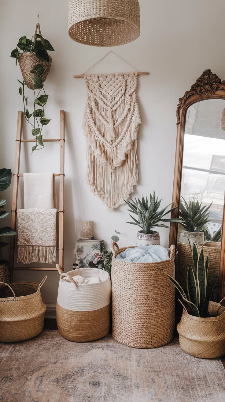 A boho-inspired laundry room with various woven baskets for storage.