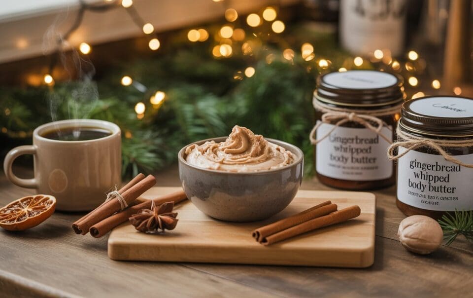 A cozy setup with a mug of coffee, a bowl of whipped gingerbread body butter, cinnamon sticks, dried orange, and jars labeled “gingerbread whipped body butter” on a wooden table, with festive lights and greenery in the background.