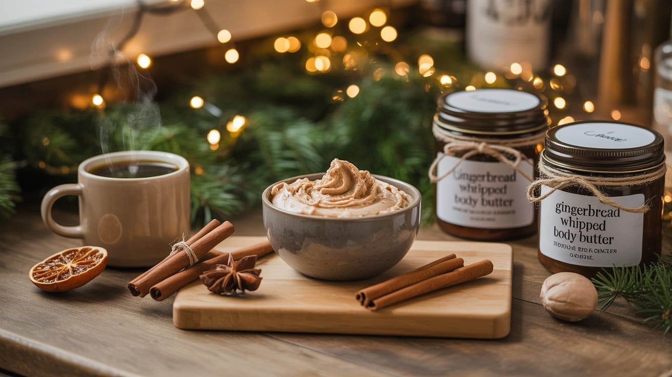A cozy setup with a mug of coffee, a bowl of whipped gingerbread body butter, cinnamon sticks, dried orange, and jars labeled “gingerbread whipped body butter” on a wooden table, with festive lights and greenery in the background.