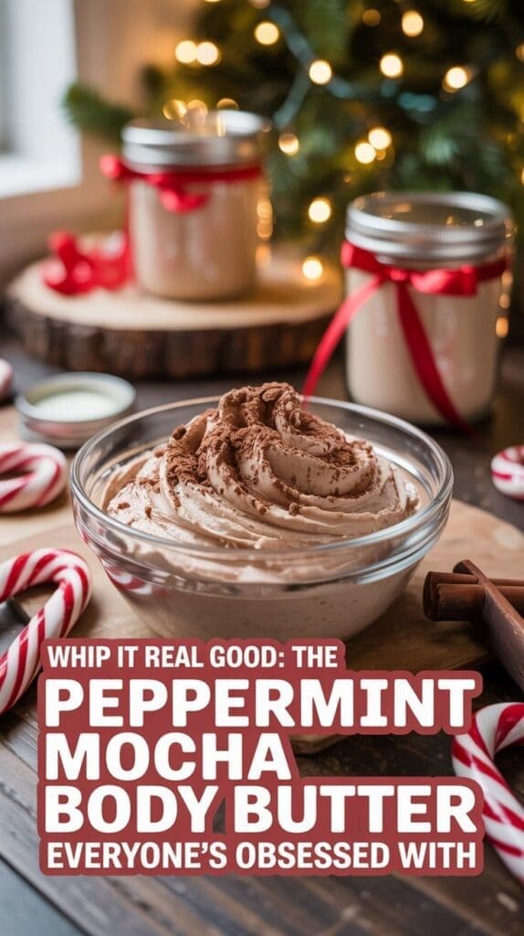 A glass bowl of whipped peppermint mocha body butter sits on a wooden table, surrounded by candy canes, cinnamon sticks, and jars tied with red ribbon. A Christmas tree glows in the background. Text reads: Peppermint Mocha Body Butter.