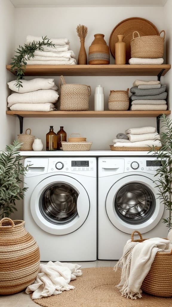 A boho-inspired laundry room showcasing natural textiles, including woven baskets and soft towels.
