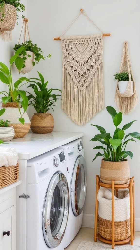A stylish laundry room with macrame wall hangings and plant accents.