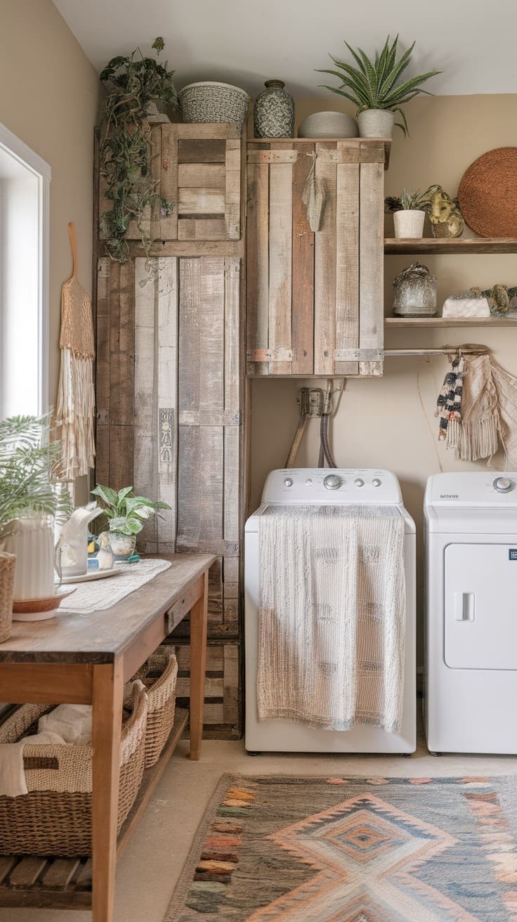 A rustic laundry room featuring wooden cabinets and decor, showcasing a cozy and warm atmosphere.