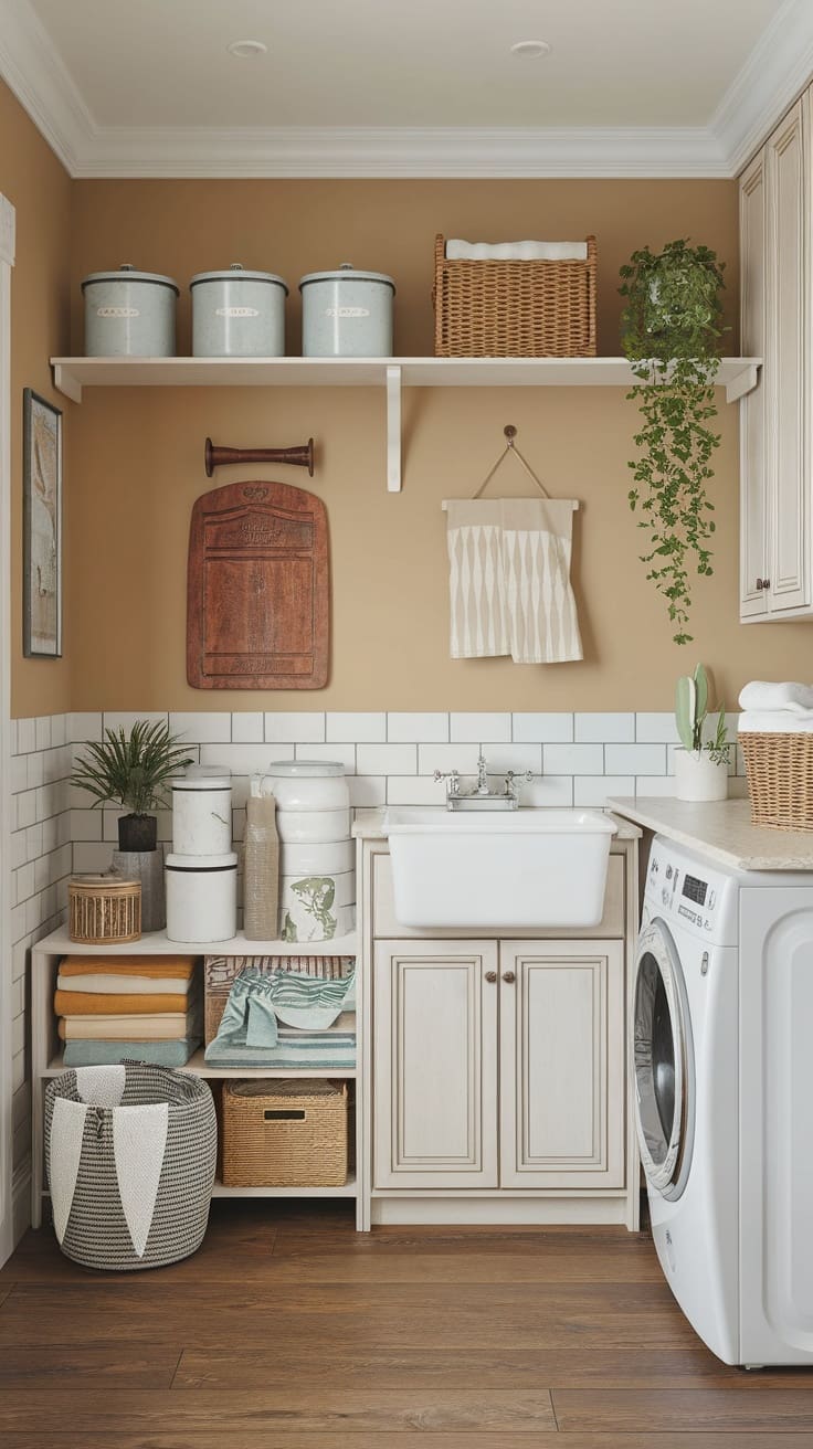 A cozy laundry room featuring vintage decor like jars, baskets, and a farmhouse sink, with a warm color palette.