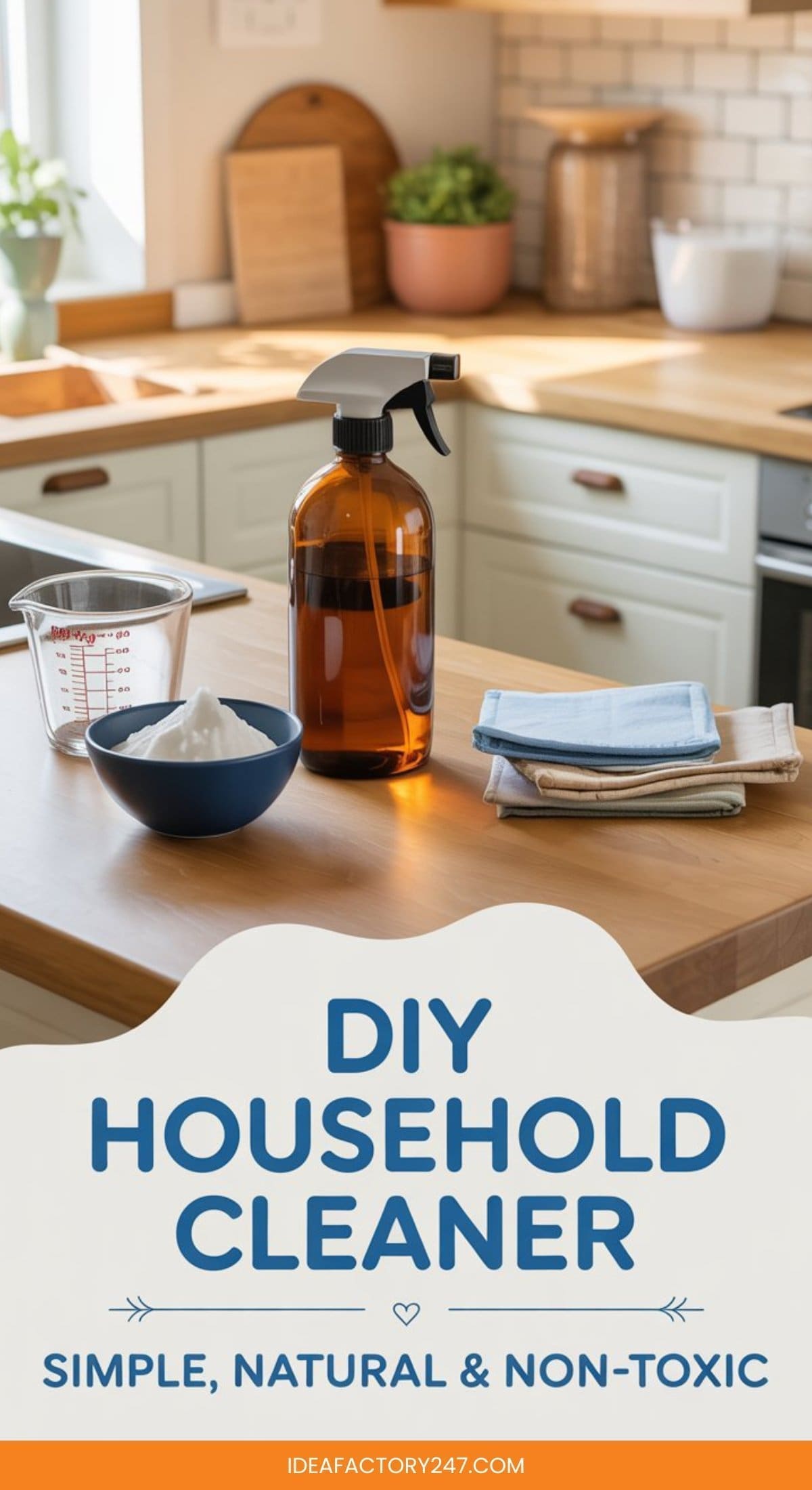 A brown spray bottle, a measuring cup, a bowl with cloths, and folded towels sit on a wooden kitchen counter. Text reads “DIY All Purpose Cleaner: Simple, Natural & Non-Toxic.”.