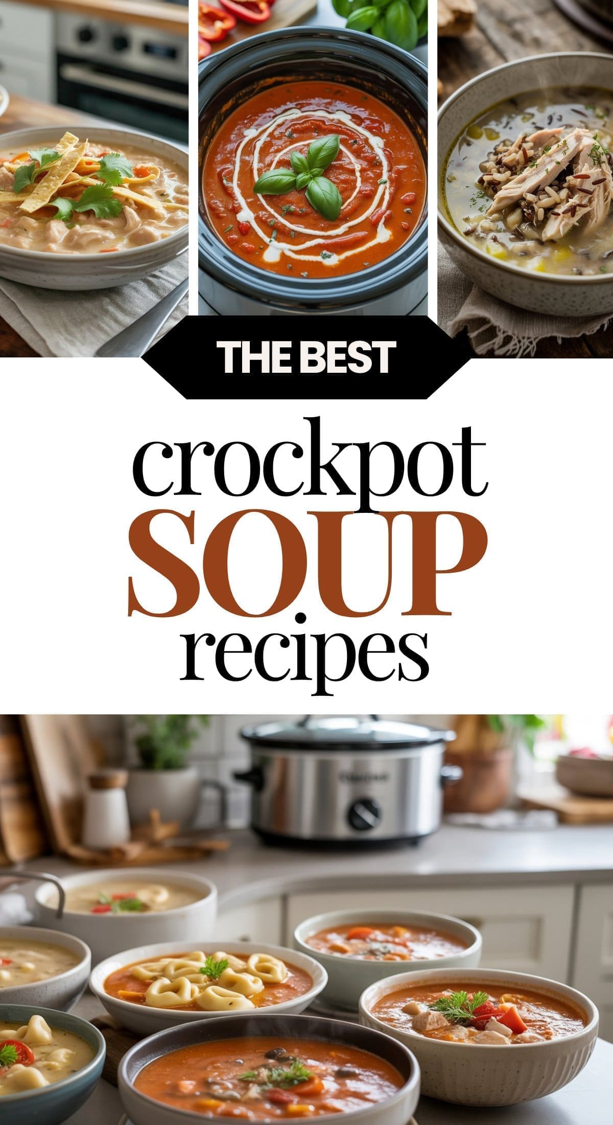 A collage of delicious crockpot soup recipes in bowls, featuring creamy, tomato, and chicken soups, with a slow cooker in the background. Text overlay reads: The Best Crockpot Soup Recipes.