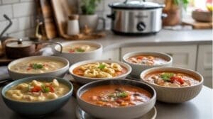 A kitchen countertop displays seven bowls of various soups, including creamy, tomato, and chunky varieties—perfect inspirations for crockpot soup recipes—garnished with herbs, with a slow cooker and kitchen utensils in the background.