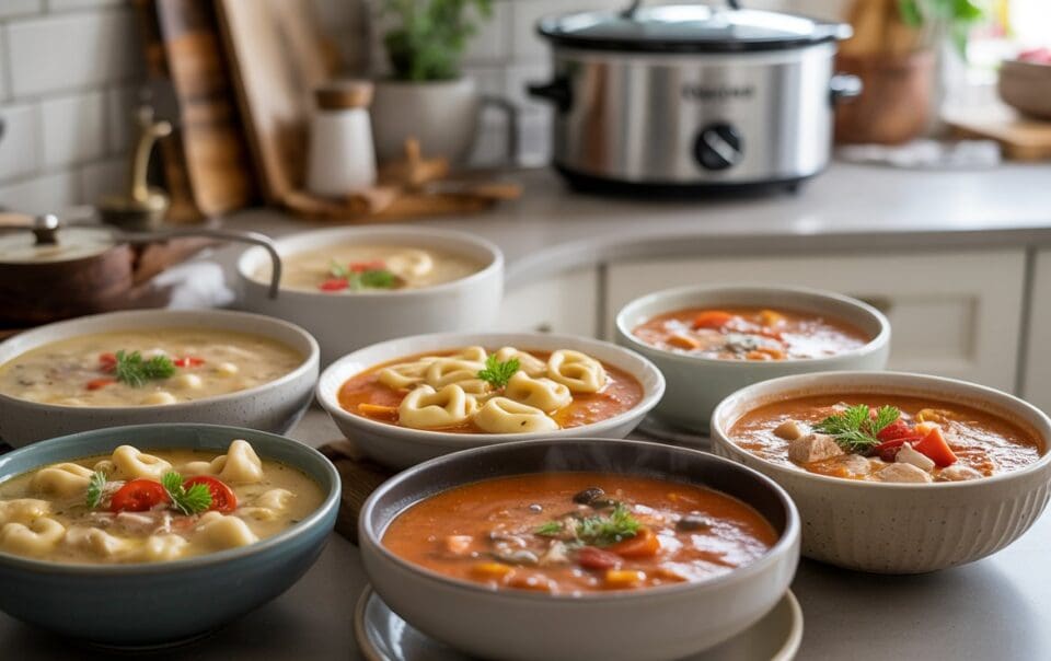A kitchen countertop displays seven bowls of various soups, including creamy, tomato, and chunky varieties—perfect inspirations for crockpot soup recipes—garnished with herbs, with a slow cooker and kitchen utensils in the background.