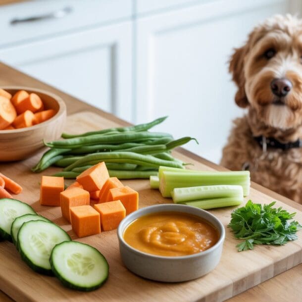 A fluffy brown dog sits by a kitchen counter with a wooden board holding veggies for dogs—carrots, green beans, cucumber slices, celery, cubed sweet potatoes, parsley, and a bowl of orange dip. The kitchen is bright and modern.