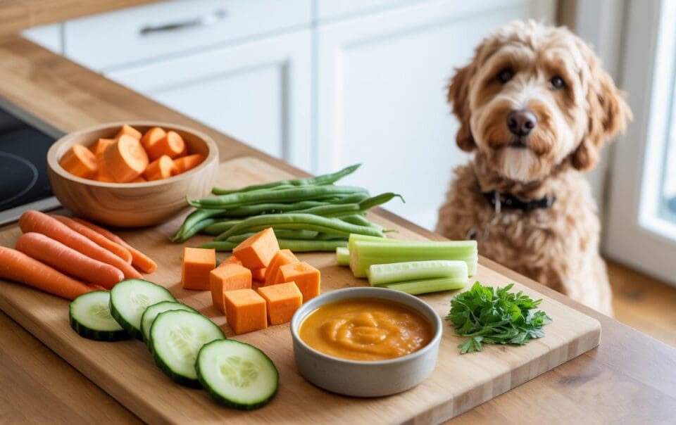 A fluffy brown dog sits by a kitchen counter with a wooden board holding veggies for dogs—carrots, green beans, cucumber slices, celery, cubed sweet potatoes, parsley, and a bowl of orange dip. The kitchen is bright and modern.