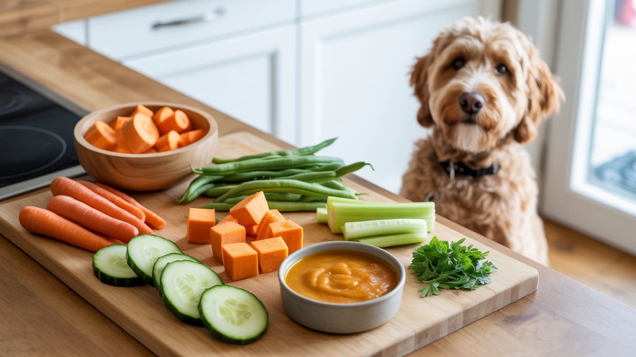 A fluffy brown dog sits by a kitchen counter with a wooden board holding veggies for dogs—carrots, green beans, cucumber slices, celery, cubed sweet potatoes, parsley, and a bowl of orange dip. The kitchen is bright and modern.