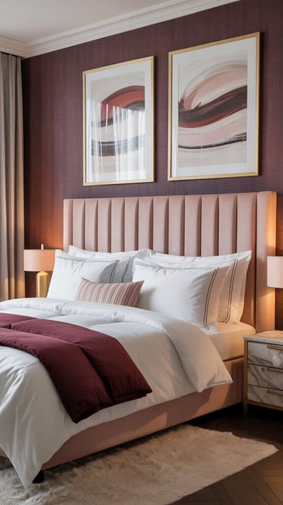 A modern pink and burgundy bedroom featuring a blush upholstered bed, white bedding, burgundy throw, abstract art above the headboard, matching nightstands with lamps, and a white shag rug on dark wood floors.