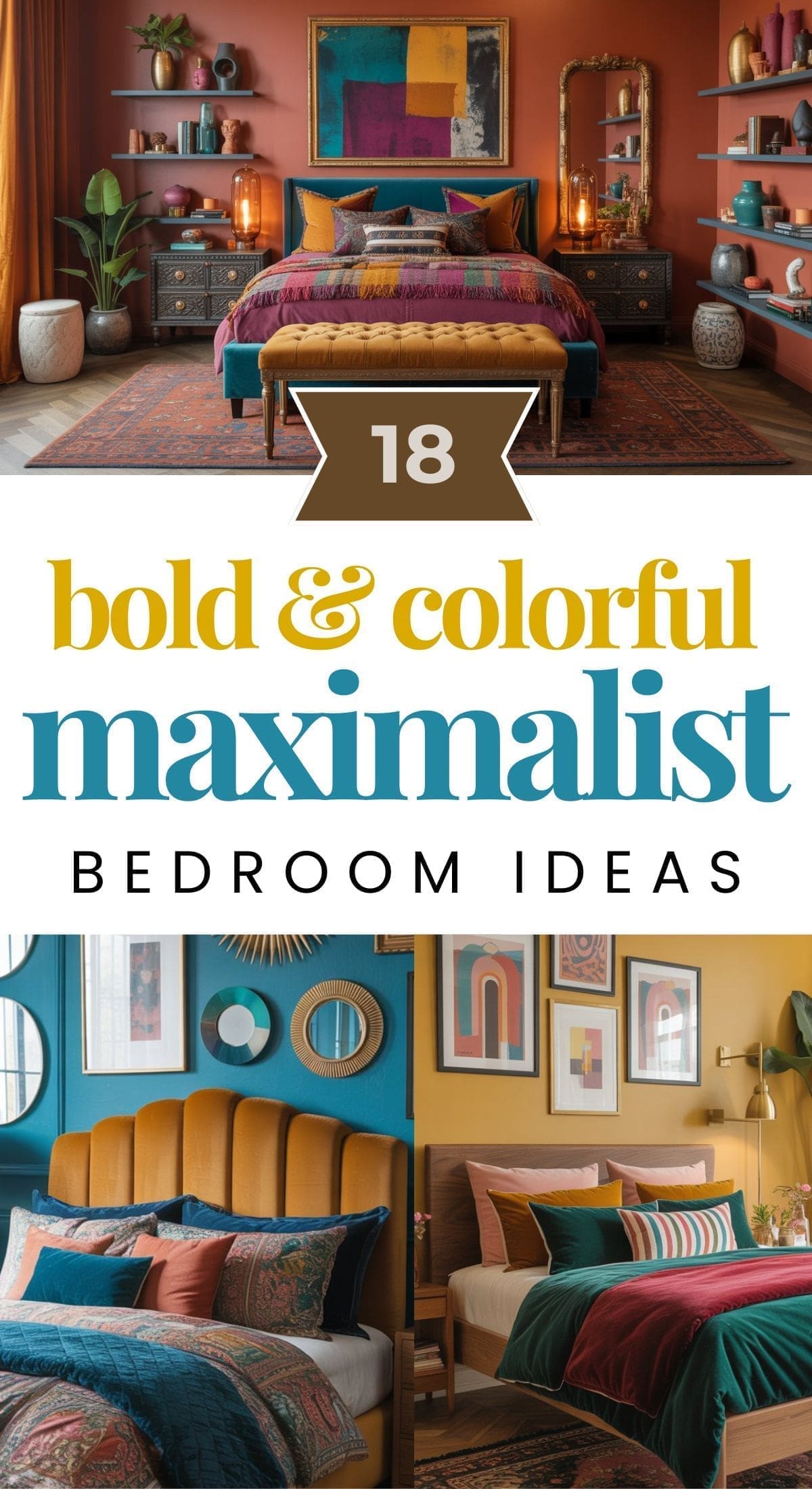 A collage showcases three vibrant, eclectic bedrooms with colorful bedding, bold wall art, patterned rugs, and unique decor. Text reads: 18 bold & colorful maximalist bedroom ideas for inspiring colorful maximalist bedrooms.