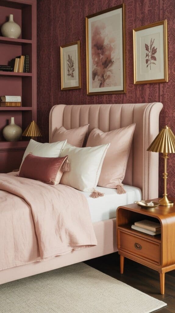 Bedroom with a soft pink upholstered bed, pink and white pillows, gold lamps, a wooden nightstand, and framed floral art on a maroon patterned wall creates a warm and elegant pink and burgundy bedroom atmosphere.