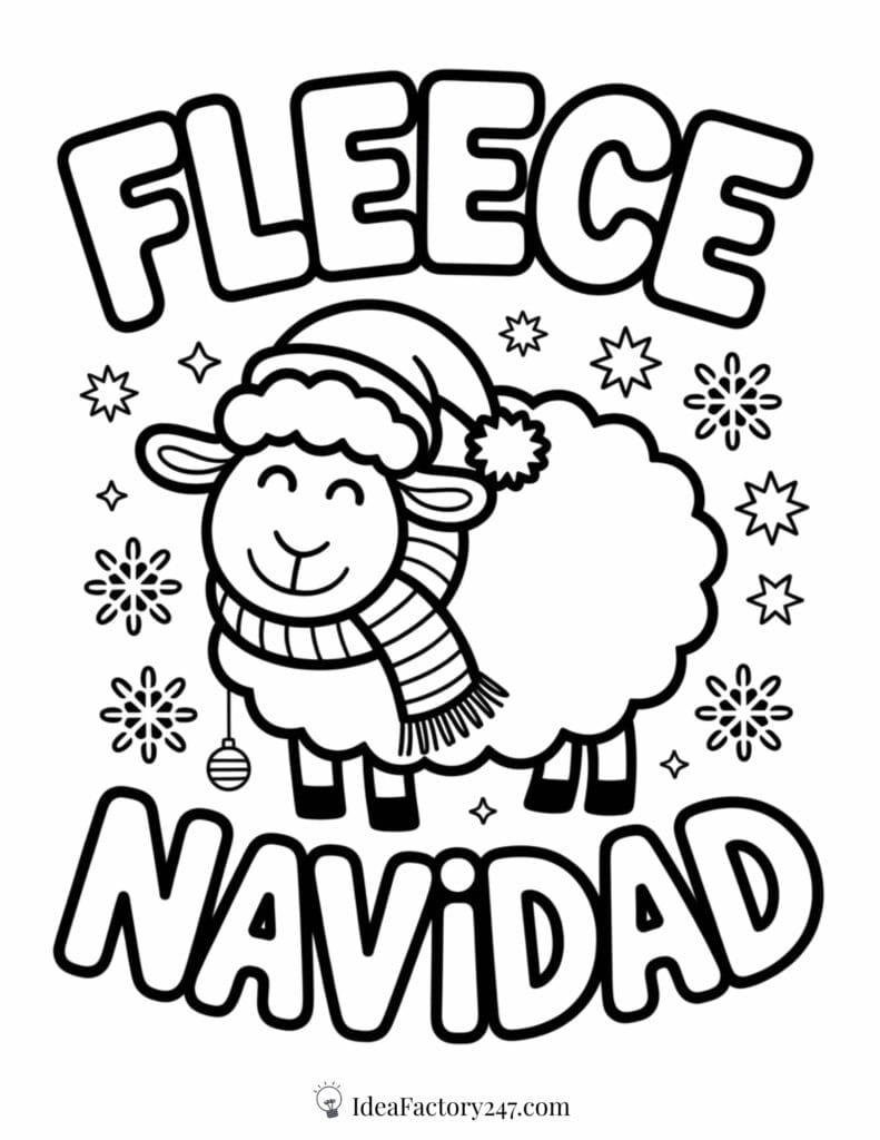 A smiling sheep wearing a Santa hat and scarf stands between the words “Fleece Navidad,” surrounded by snowflakes and festive decorations.