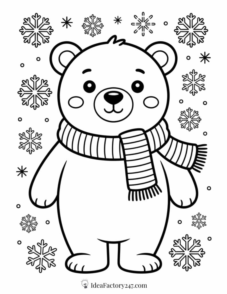 A cute cartoon bear wearing a striped scarf stands surrounded by snowflakes on a winter-themed coloring page.