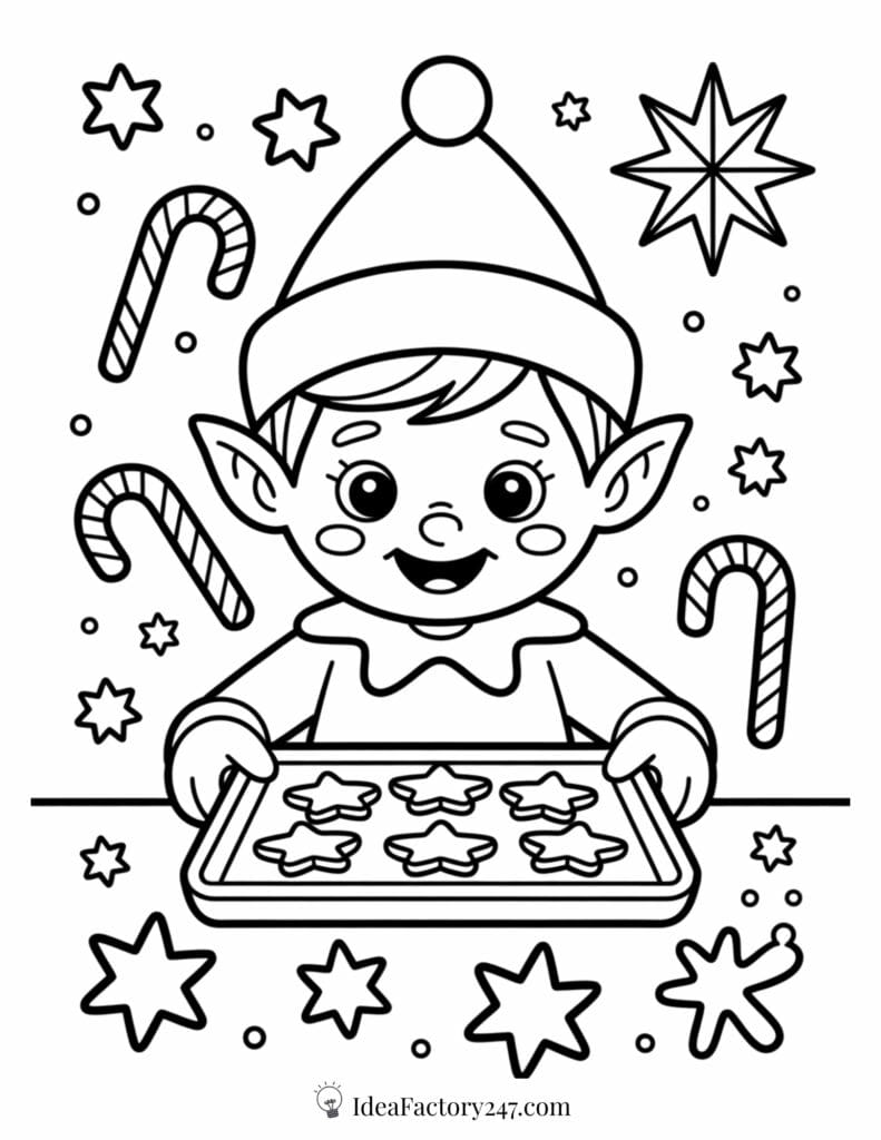 A smiling elf wearing a festive hat holds a tray of star-shaped cookies. Candy canes and stars surround the elf, creating a cheerful holiday scene.