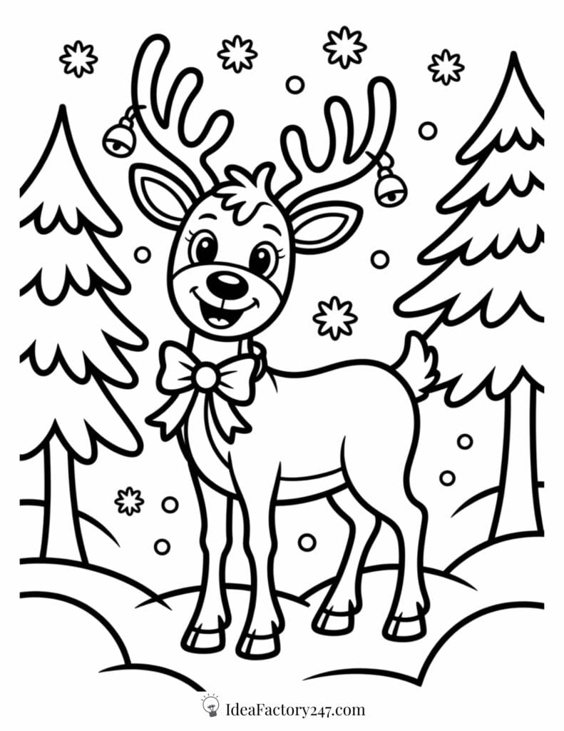 A cartoon reindeer with a bow around its neck and bells on its antlers stands in a snowy forest with pine trees and snowflakes falling in the background.