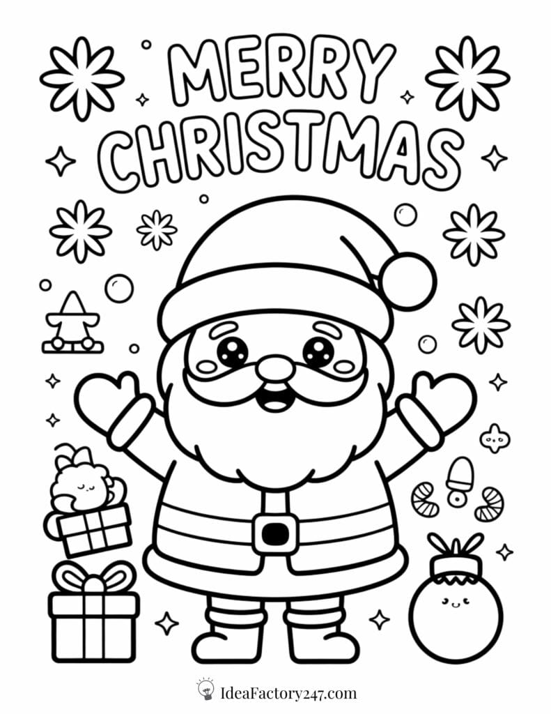 A festive coloring page with a smiling Santa Claus surrounded by stars, presents, ornaments, candy, and the words Merry Christmas above him. The illustration is cheerful and holiday-themed.