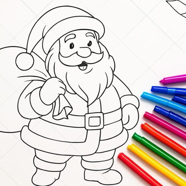 A black-and-white Christmas coloring page of Santa Claus holding a sack, with colorful markers arranged on the right side, ready for coloring. Leaf outlines are visible in the corners of the page.