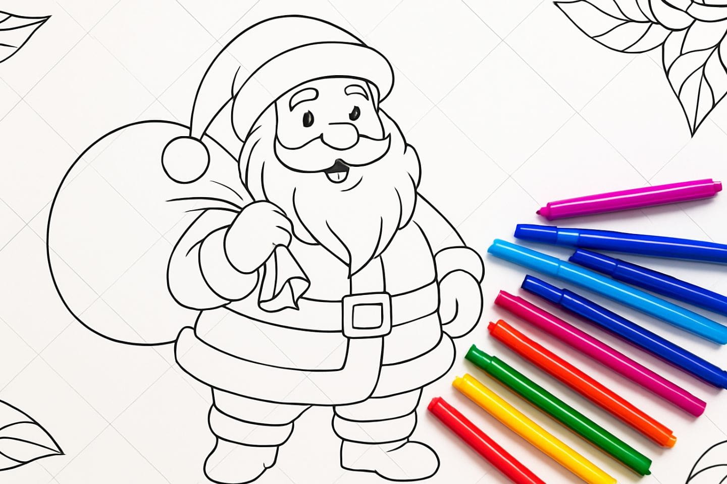 A black-and-white Christmas coloring page of Santa Claus holding a sack, with colorful markers arranged on the right side, ready for coloring. Leaf outlines are visible in the corners of the page.