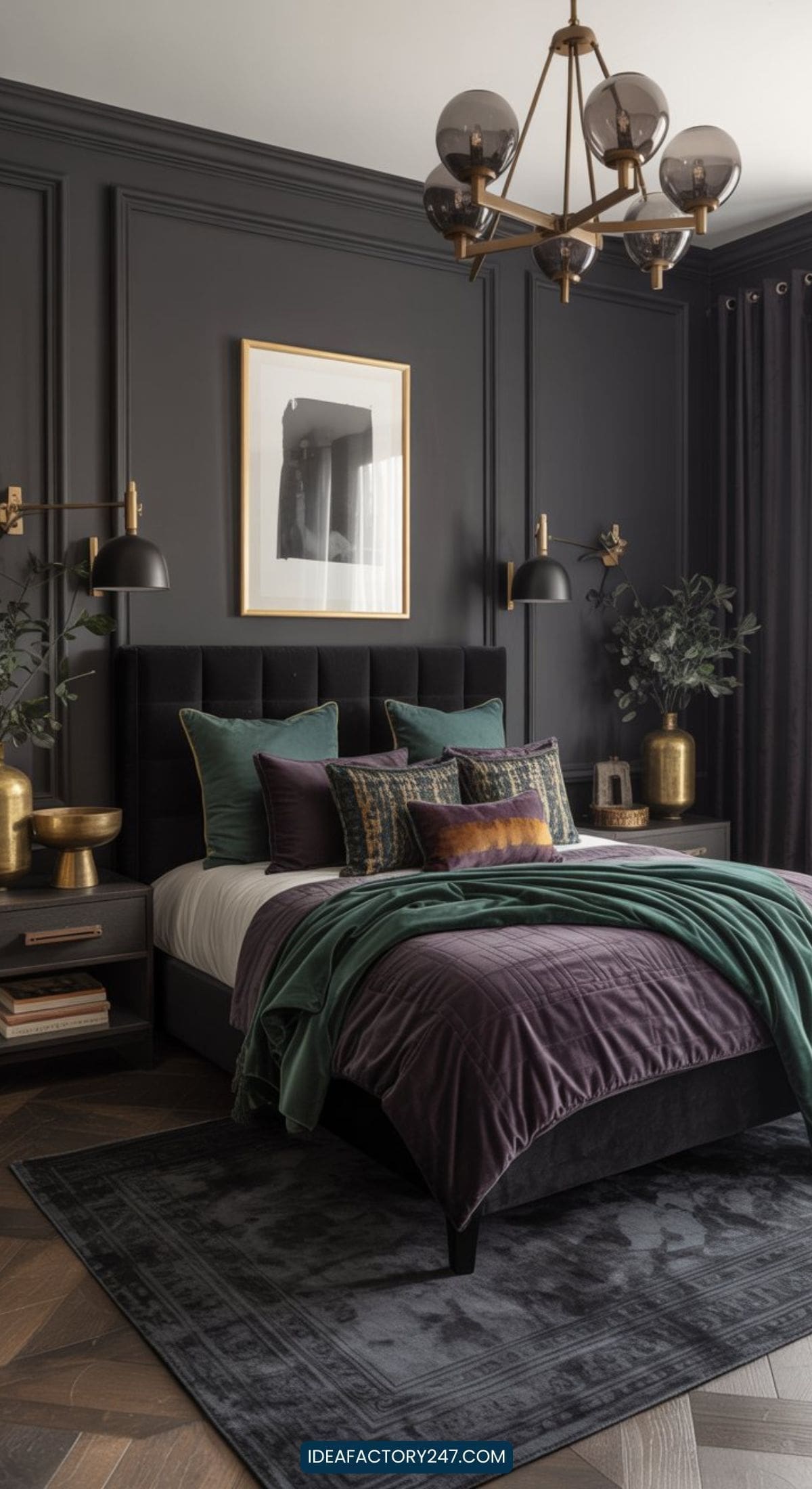 A modern bedroom with dark walls, a velvet bed with purple and green bedding, stylish gold accents, a chandelier, framed art above the bed, and houseplants on bedside tables. The room feels elegant and cozy.