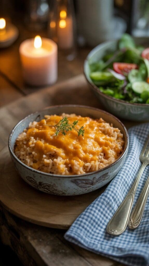 A bowl of cheesy rice topped with fresh herbs sits on a wooden board next to a fork and knife on a blue checkered napkin, with a side salad and a lit candle in the background.