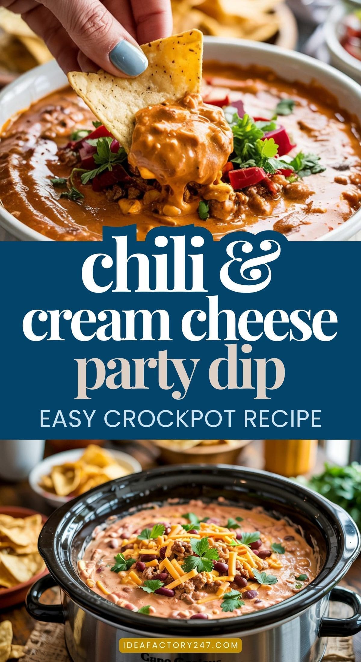 A hand dips a tortilla chip into a crockpot filled with creamy chili and cream cheese dip, topped with shredded cheese and chopped herbs. Surrounding the crockpot are more tortilla chips, ready for dipping.