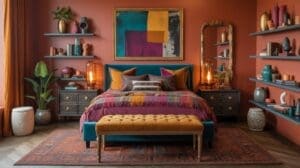 A vibrant bedroom with terracotta walls, eclectic decor, a teal and mustard upholstered bed, colorful bedding, a tufted mustard bench, side tables, warm lighting, wall art, and floating shelves with ceramics and plants.