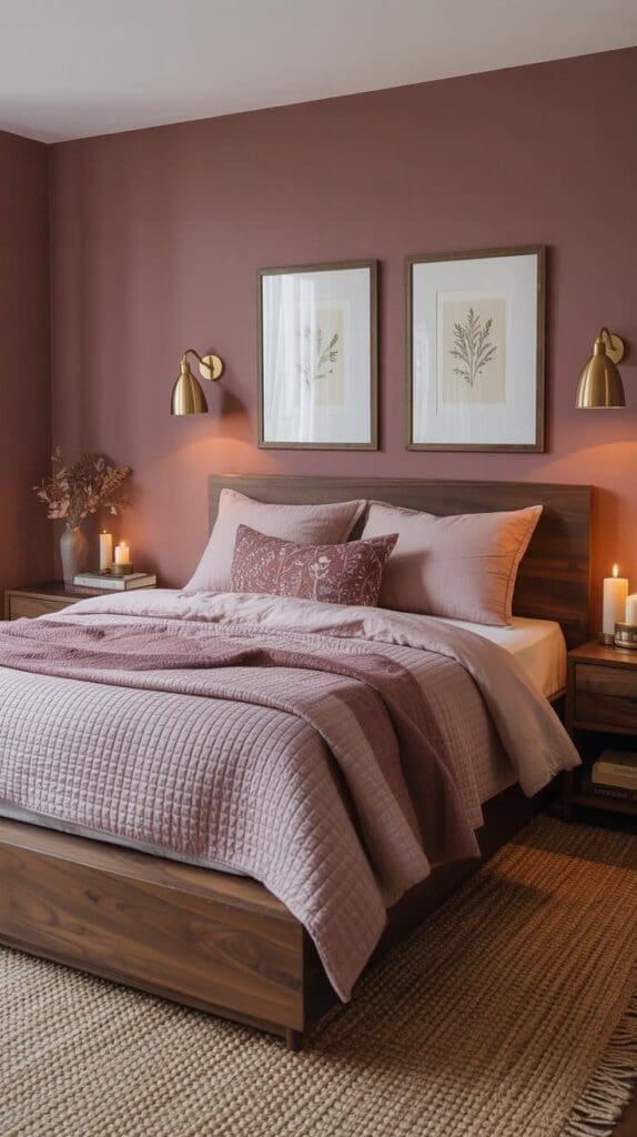 Cozy pink and burgundy bedroom with mauve walls, a neatly made bed with coordinating bedding, bedside tables with lit candles, two framed botanical prints above the bed, and warm lighting from wall sconces.