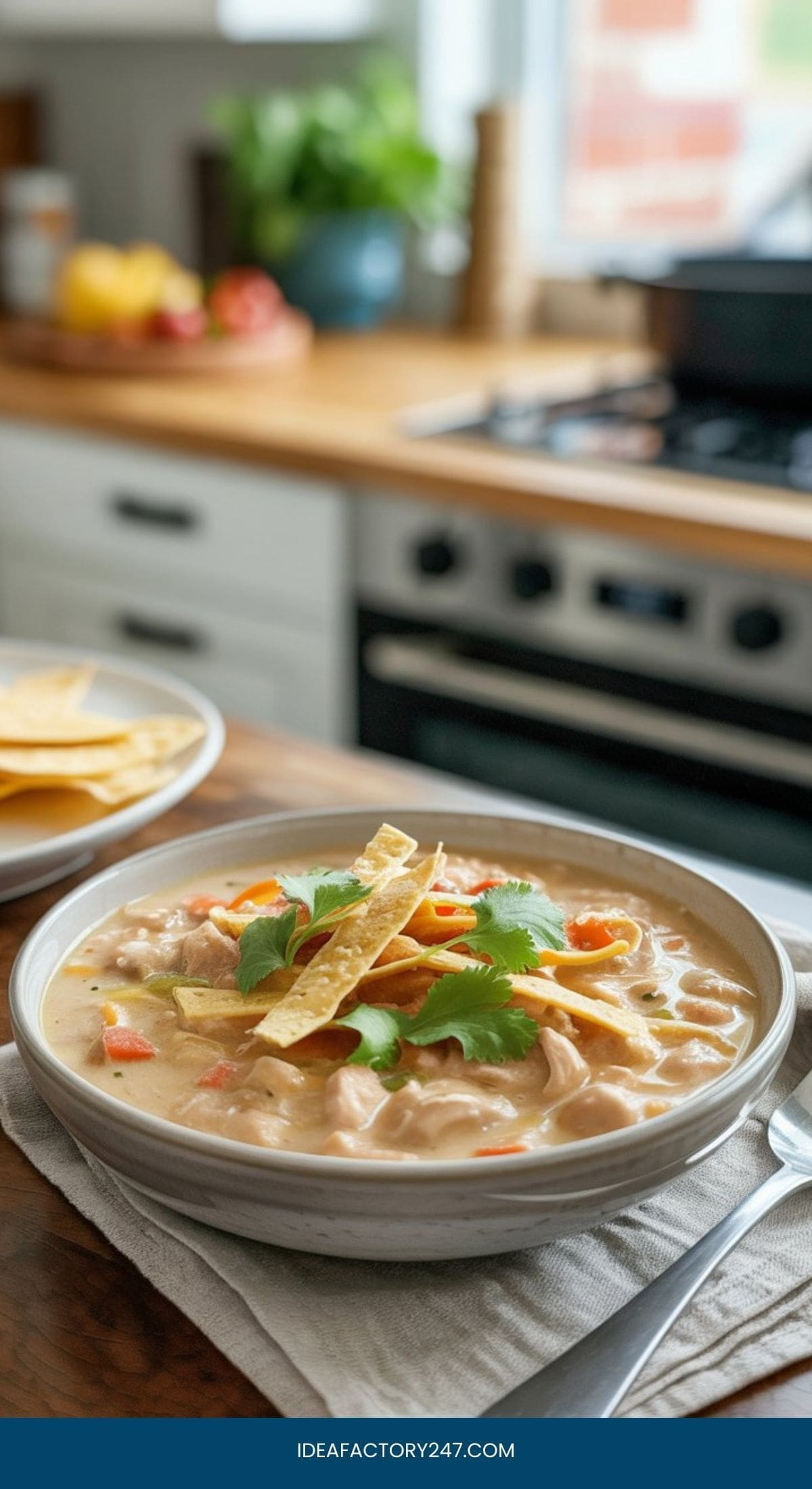 A bowl of creamy chicken soup, inspired by crockpot soup recipes, is garnished with crispy tortilla strips and fresh cilantro on a wooden kitchen counter, with a plate of tortilla chips and a stove in the background.