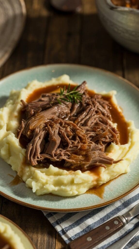 A plate of mashed potatoes topped with shredded pot roast and gravy, garnished with a sprig of rosemary, sits on a striped napkin with a fork beside it.