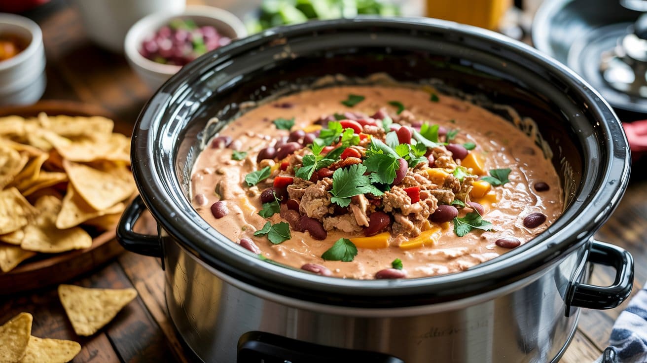 A slow cooker filled with creamy queso dip topped with beans, ground meat, diced tomatoes, and fresh cilantro, surrounded by tortilla chips and various ingredients on a wooden table.