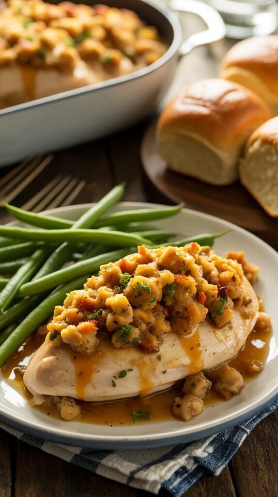 A plate with baked chicken breast topped with stuffing and gravy, served with green beans. In the background, a baking dish with more chicken and stuffing, and a plate of dinner rolls.