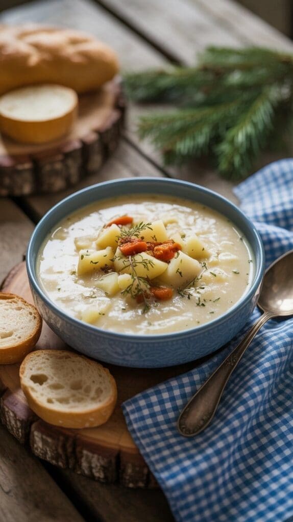 A bowl of creamy potato soup garnished with herbs and carrot slices sits on a wooden table, accompanied by sliced bread, a blue checkered napkin, and a spoon, with evergreen branches in the background.