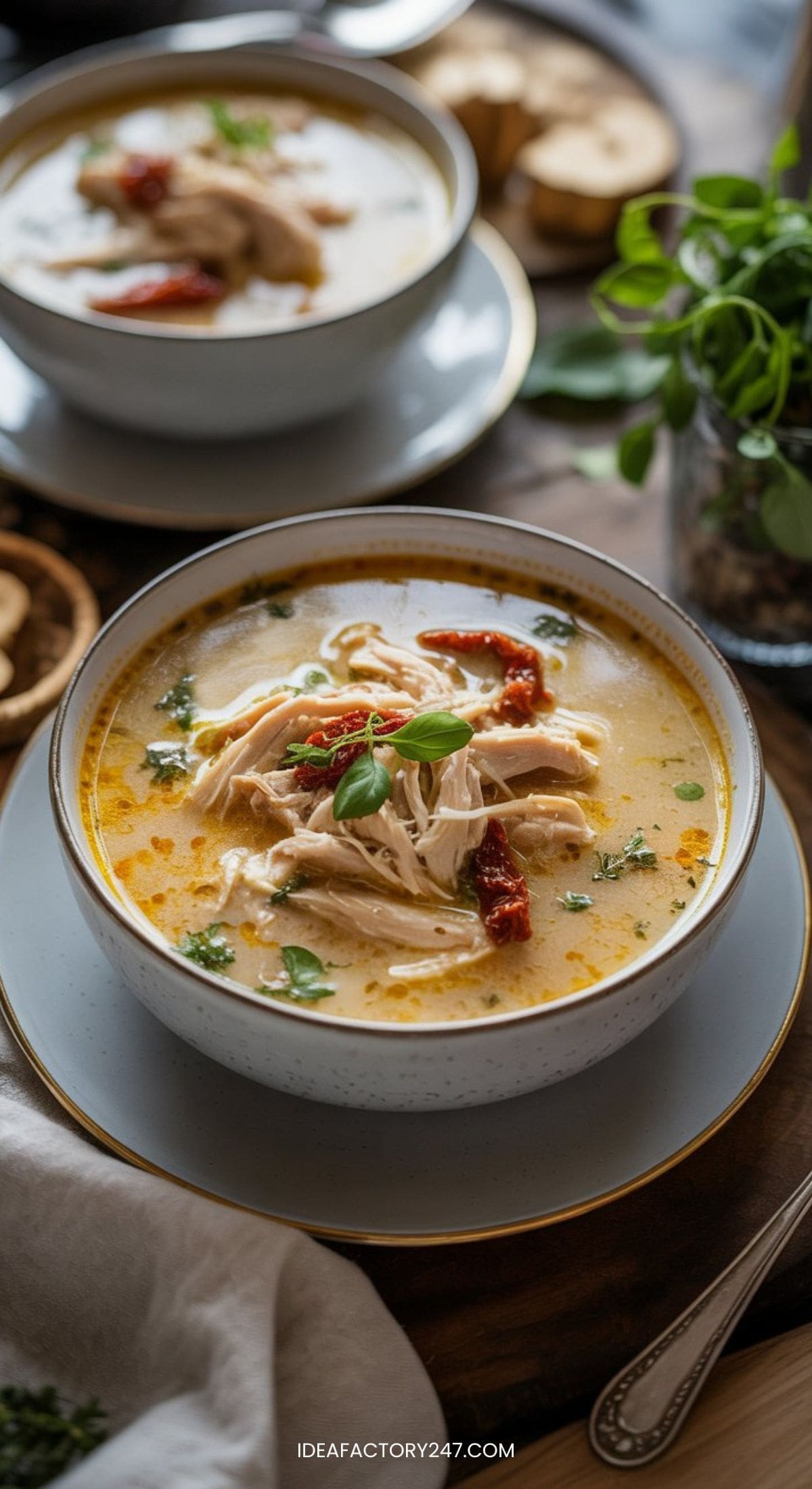 A bowl of creamy chicken soup inspired by crockpot soup recipes is garnished with shredded chicken, sun-dried tomatoes, and fresh herbs, served on a plate with fresh greens and another bowl in the background.