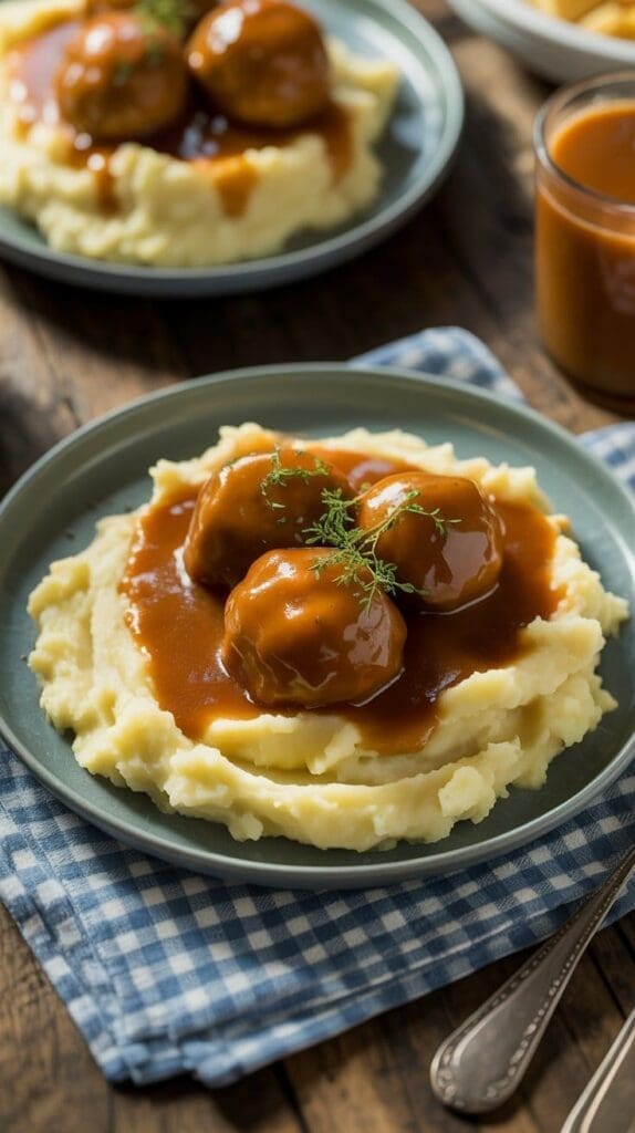 A plate of creamy mashed potatoes topped with two meatballs and brown gravy, garnished with fresh herbs, sits on a blue-green dish over a blue checkered napkin. A fork and spoon are beside the plate.