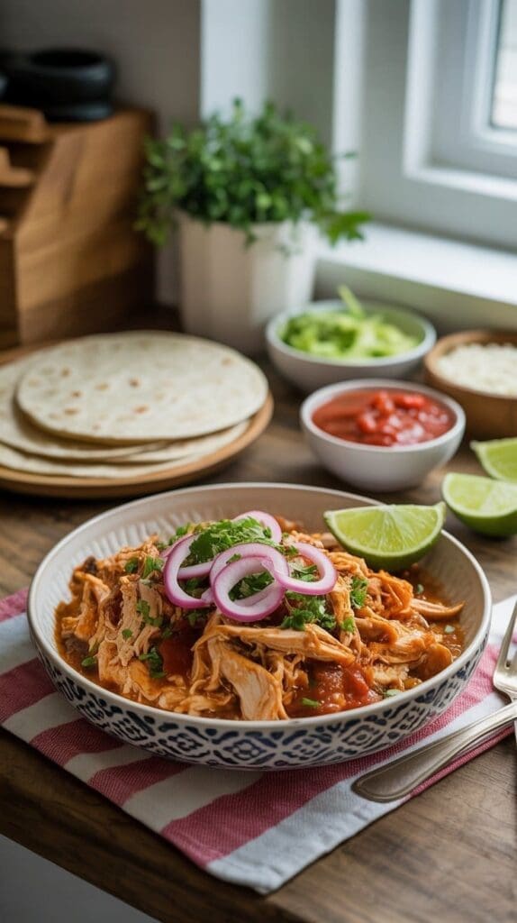 A bowl of shredded chicken topped with red onion and cilantro sits on a table next to lime wedges, tortillas, and bowls of salsa, guacamole, and cheese in a bright kitchen setting.